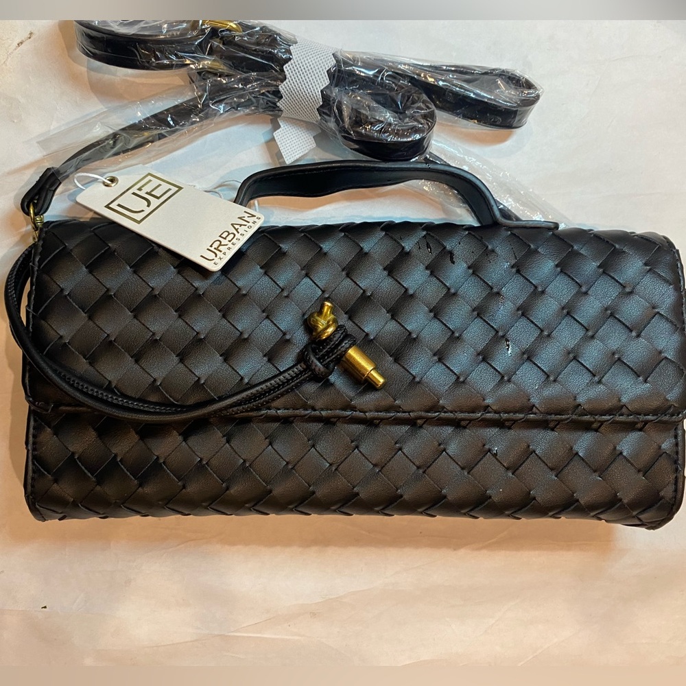 Urban Expressions Bethany Black Top Handle Woven Clutch Crossbody Bag purse